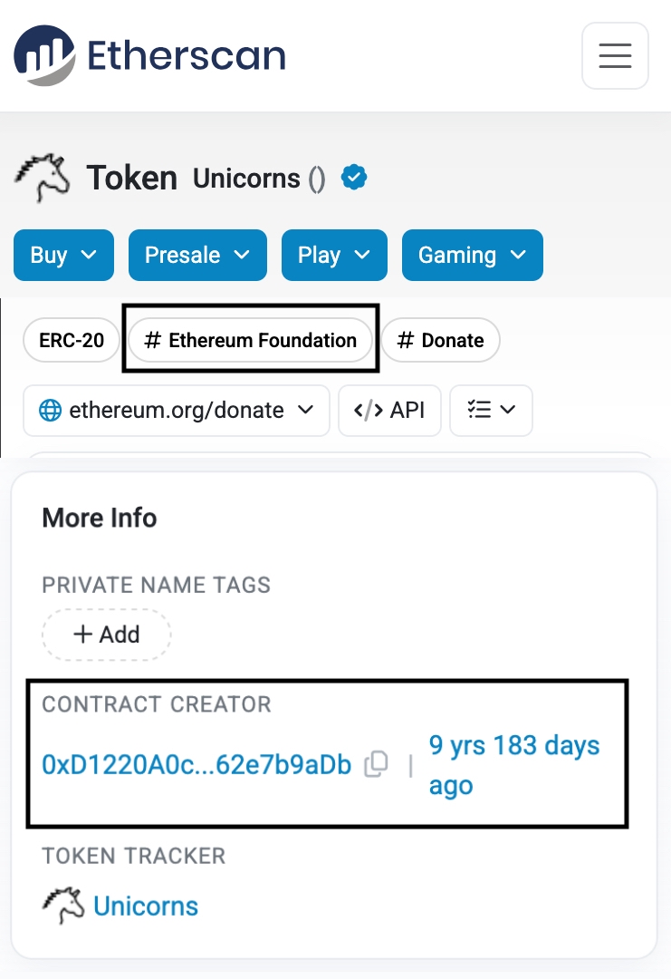 Etherscan Unicorns Token